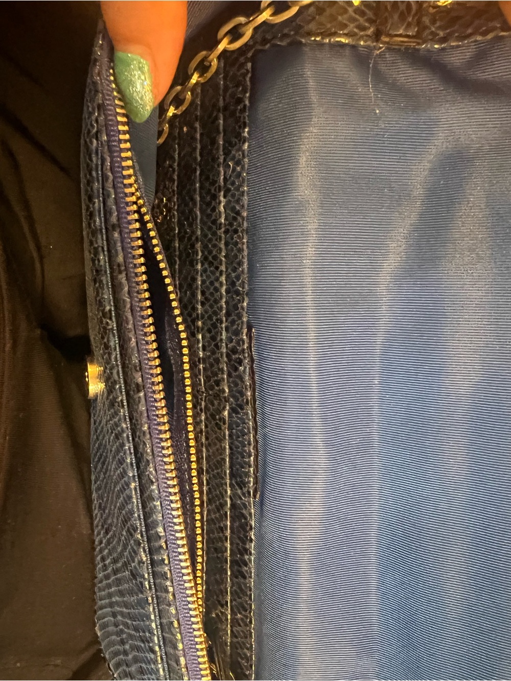 Blue Snake-Embossed Leather Clutch with Strap and matching reversible belt set - Picture 2 of 8